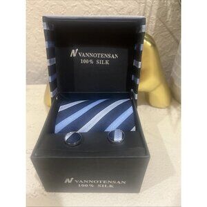 Vannotensan 100% Silk Tie Striped, Cuff Links, And Handkerchief Set Men’s